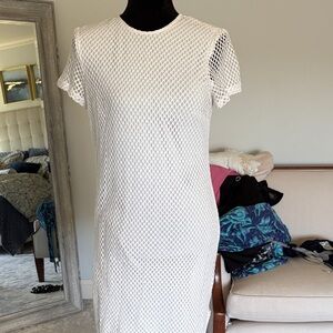 White Open-Knit Short Sleeve Shift Dress